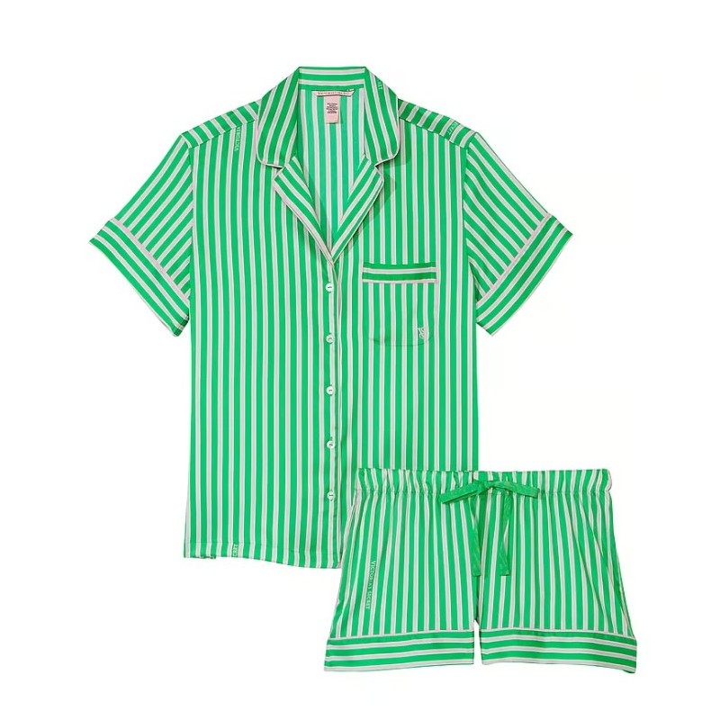 Pyjama d'été en satin à rayures classiques vert